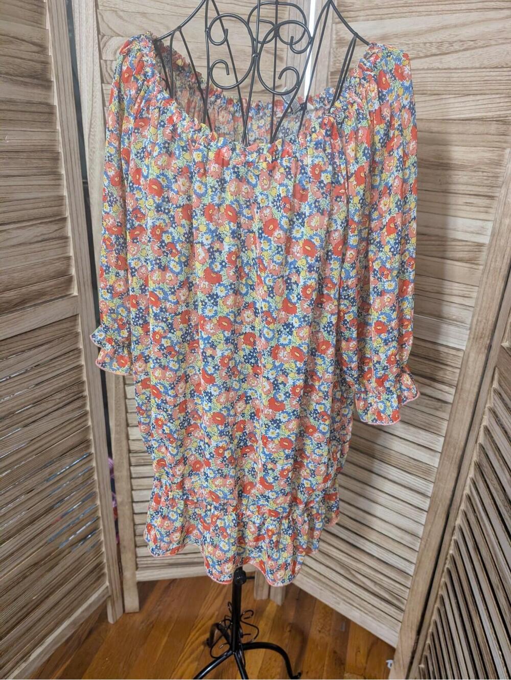GH Bass Blouse Womens XL Floral Smocked Square Neck 3/4 Sleeve‎ Peasant